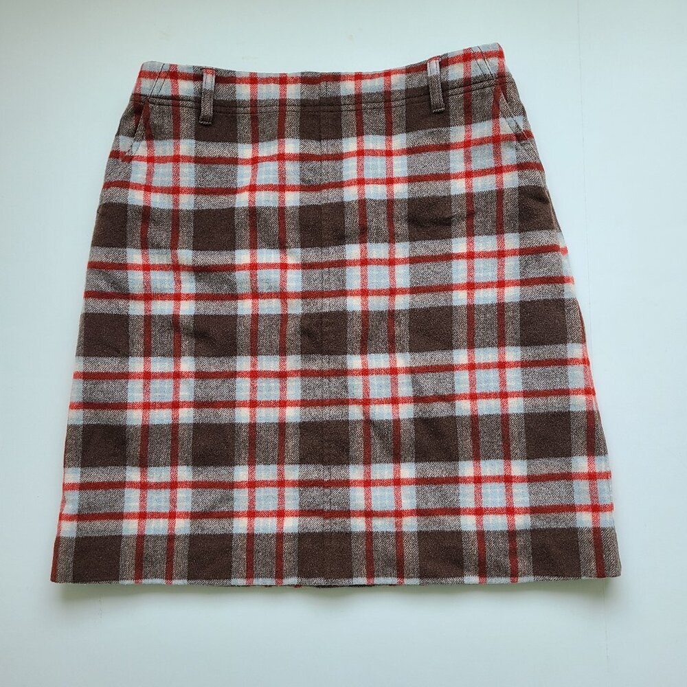 Eddie Bauer Wool Pencil Skirt 6T Tall Brown Orange Plaid No Slit Academia